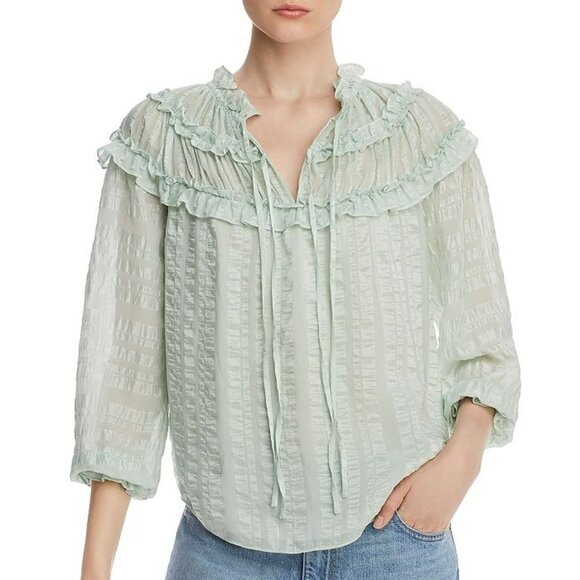 Rebecca Taylor Stripe Ruffle Silk Blouse Top Spearmint Green 0 bohemian preppy - Picture 1 of 11